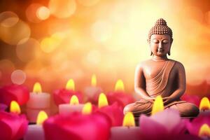 AI generated Meditation Buddha statue with candles and lotus. Neural network AI generated photo