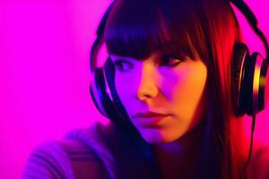 AI generated Girl listening to music with wireless headphones neon light. Neural network AI generated photo