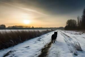 AI generated Cute and funny dog with playing and jumping in the snow. Outdoor winter happiness. Neural network AI generated photo