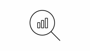 monocromatico prospettiva scatenando intuizioni con 4k video movimento grafico isolato nero ingrandimento bicchiere e dati analisi icona su bianca sfondo. statistica, pubblicità, analisi, animazione,