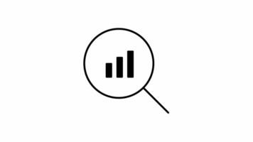 Monochrome Perspective Unleashing Insights with 4K Video Motion Graphic Isolated Black Magnifying Glass and Data Analysis Icon on White Background. statistic, advertising, analysis, animation,