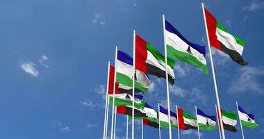 Lesotho and United Arab Emirates, UAE Flags Waving Together in the Sky, Seamless Loop in Wind, Space on Left Side for Design or Information, 3D Rendering video