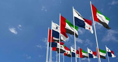 Panama and United Arab Emirates, UAE Flags Waving Together in the Sky, Seamless Loop in Wind, Space on Left Side for Design or Information, 3D Rendering video