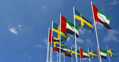 Sweden and United Arab Emirates, UAE Flags Waving Together in the Sky, Seamless Loop in Wind, Space on Left Side for Design or Information, 3D Rendering video