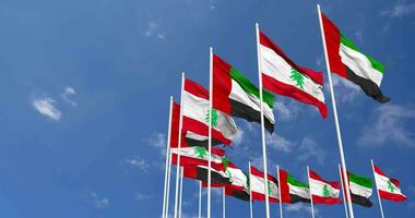 Lebanon and United Arab Emirates, UAE Flags Waving Together in the Sky, Seamless Loop in Wind, Space on Left Side for Design or Information, 3D Rendering video