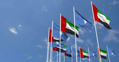 Somalia and United Arab Emirates, UAE Flags Waving Together in the Sky, Seamless Loop in Wind, Space on Left Side for Design or Information, 3D Rendering video