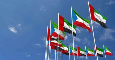 Equatorial Guinea and United Arab Emirates, UAE Flags Waving Together in the Sky, Seamless Loop in Wind, Space on Left Side for Design or Information, 3D Rendering video