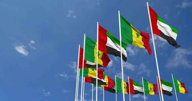 Senegal and United Arab Emirates, UAE Flags Waving Together in the Sky, Seamless Loop in Wind, Space on Left Side for Design or Information, 3D Rendering video