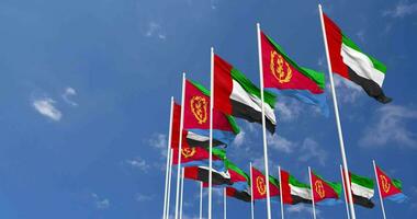 Eritrea and United Arab Emirates, UAE Flags Waving Together in the Sky, Seamless Loop in Wind, Space on Left Side for Design or Information, 3D Rendering video