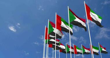 Sudan and United Arab Emirates, UAE Flags Waving Together in the Sky, Seamless Loop in Wind, Space on Left Side for Design or Information, 3D Rendering video