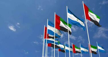 Nicaragua and United Arab Emirates, UAE Flags Waving Together in the Sky, Seamless Loop in Wind, Space on Left Side for Design or Information, 3D Rendering video