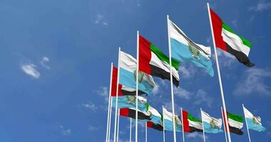 San Marino and United Arab Emirates, UAE Flags Waving Together in the Sky, Seamless Loop in Wind, Space on Left Side for Design or Information, 3D Rendering video