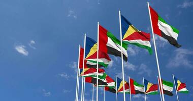 Seychelles and United Arab Emirates, UAE Flags Waving Together in the Sky, Seamless Loop in Wind, Space on Left Side for Design or Information, 3D Rendering video