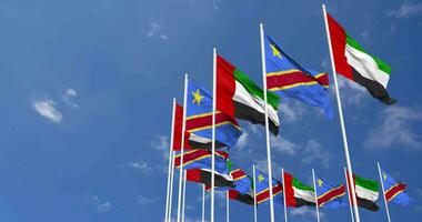 DR Congo and United Arab Emirates, UAE Flags Waving Together in the Sky, Seamless Loop in Wind, Space on Left Side for Design or Information, 3D Rendering video