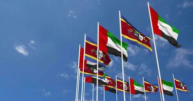 Eswatini and United Arab Emirates, UAE Flags Waving Together in the Sky, Seamless Loop in Wind, Space on Left Side for Design or Information, 3D Rendering video