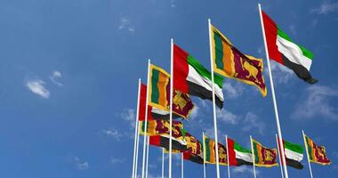 Sri Lanka and United Arab Emirates, UAE Flags Waving Together in the Sky, Seamless Loop in Wind, Space on Left Side for Design or Information, 3D Rendering video