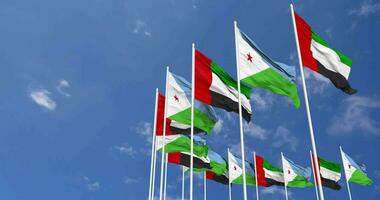 Djibouti and United Arab Emirates, UAE Flags Waving Together in the Sky, Seamless Loop in Wind, Space on Left Side for Design or Information, 3D Rendering video