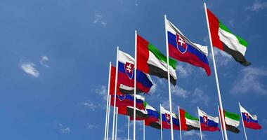 Slovakia and United Arab Emirates, UAE Flags Waving Together in the Sky, Seamless Loop in Wind, Space on Left Side for Design or Information, 3D Rendering video