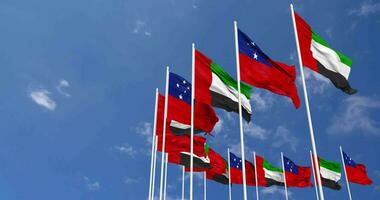 Samoa and United Arab Emirates, UAE Flags Waving Together in the Sky, Seamless Loop in Wind, Space on Left Side for Design or Information, 3D Rendering video