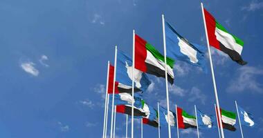 Antarctica and United Arab Emirates, UAE Flags Waving Together in the Sky, Seamless Loop in Wind, Space on Left Side for Design or Information, 3D Rendering video