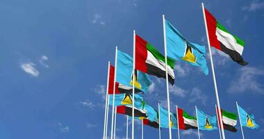 Saint Lucia and United Arab Emirates, UAE Flags Waving Together in the Sky, Seamless Loop in Wind, Space on Left Side for Design or Information, 3D Rendering video