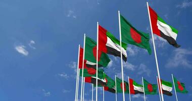 Bangladesh and United Arab Emirates, UAE Flags Waving Together in the Sky, Seamless Loop in Wind, Space on Left Side for Design or Information, 3D Rendering video