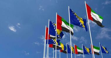 Bosnia and Herzegovina and United Arab Emirates, UAE Flags Waving Together in the Sky, Seamless Loop in Wind, Space on Left Side for Design or Information, 3D Rendering video
