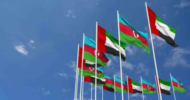Azerbaijan and United Arab Emirates, UAE Flags Waving Together in the Sky, Seamless Loop in Wind, Space on Left Side for Design or Information, 3D Rendering video