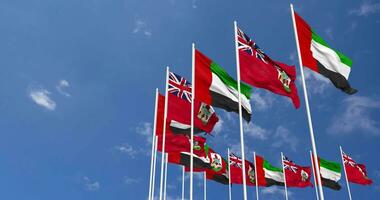 Bermuda and United Arab Emirates, UAE Flags Waving Together in the Sky, Seamless Loop in Wind, Space on Left Side for Design or Information, 3D Rendering video