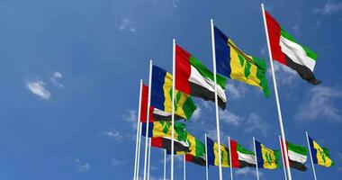 Saint Vincent and the Grenadines and United Arab Emirates, UAE Flags Waving Together in the Sky, Seamless Loop in Wind, Space on Left Side for Design or Information, 3D Rendering video