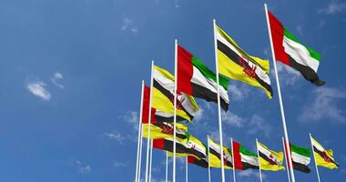 Brunei and United Arab Emirates, UAE Flags Waving Together in the Sky, Seamless Loop in Wind, Space on Left Side for Design or Information, 3D Rendering video