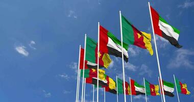 Cameroon and United Arab Emirates, UAE Flags Waving Together in the Sky, Seamless Loop in Wind, Space on Left Side for Design or Information, 3D Rendering video