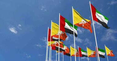 Bhutan and United Arab Emirates, UAE Flags Waving Together in the Sky, Seamless Loop in Wind, Space on Left Side for Design or Information, 3D Rendering video