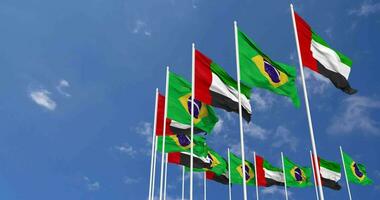 Brazil and United Arab Emirates, UAE Flags Waving Together in the Sky, Seamless Loop in Wind, Space on Left Side for Design or Information, 3D Rendering video