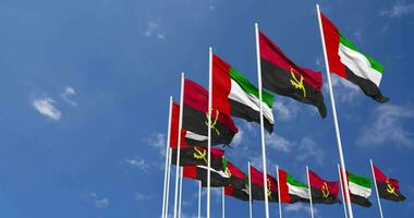 Angola and United Arab Emirates, UAE Flags Waving Together in the Sky, Seamless Loop in Wind, Space on Left Side for Design or Information, 3D Rendering video