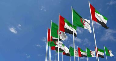 Algeria and United Arab Emirates, UAE Flags Waving Together in the Sky, Seamless Loop in Wind, Space on Left Side for Design or Information, 3D Rendering video