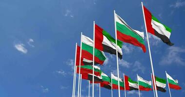 Bulgaria and United Arab Emirates, UAE Flags Waving Together in the Sky, Seamless Loop in Wind, Space on Left Side for Design or Information, 3D Rendering video