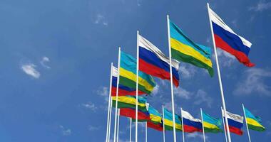 Rwanda and Russia Flags Waving Together in the Sky, Seamless Loop in Wind, Space on Left Side for Design or Information, 3D Rendering video