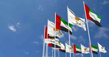 Cyprus and United Arab Emirates, UAE Flags Waving Together in the Sky, Seamless Loop in Wind, Space on Left Side for Design or Information, 3D Rendering video