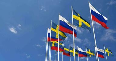 Sweden and Russia Flags Waving Together in the Sky, Seamless Loop in Wind, Space on Left Side for Design or Information, 3D Rendering video