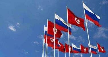 Tunisia and Russia Flags Waving Together in the Sky, Seamless Loop in Wind, Space on Left Side for Design or Information, 3D Rendering video