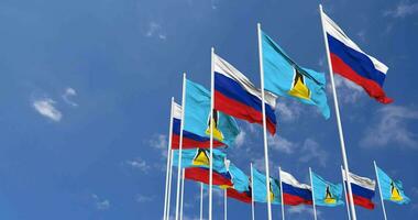 Saint Lucia and Russia Flags Waving Together in the Sky, Seamless Loop in Wind, Space on Left Side for Design or Information, 3D Rendering video