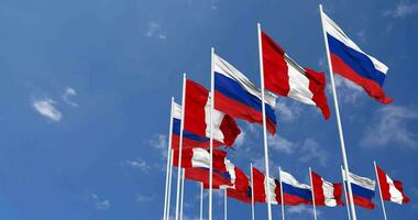 Peru and Russia Flags Waving Together in the Sky, Seamless Loop in Wind, Space on Left Side for Design or Information, 3D Rendering video