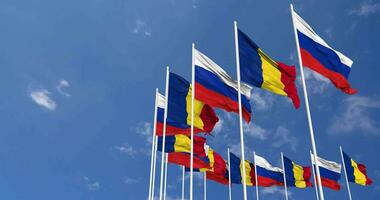 Romania and Russia Flags Waving Together in the Sky, Seamless Loop in Wind, Space on Left Side for Design or Information, 3D Rendering video