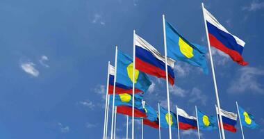 Palau and Russia Flags Waving Together in the Sky, Seamless Loop in Wind, Space on Left Side for Design or Information, 3D Rendering video