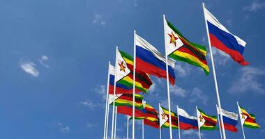 Zimbabwe and Russia Flags Waving Together in the Sky, Seamless Loop in Wind, Space on Left Side for Design or Information, 3D Rendering video