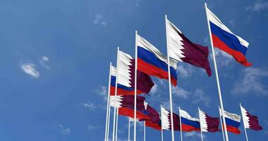 Qatar and Russia Flags Waving Together in the Sky, Seamless Loop in Wind, Space on Left Side for Design or Information, 3D Rendering video