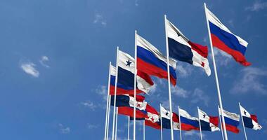 Panama and Russia Flags Waving Together in the Sky, Seamless Loop in Wind, Space on Left Side for Design or Information, 3D Rendering video