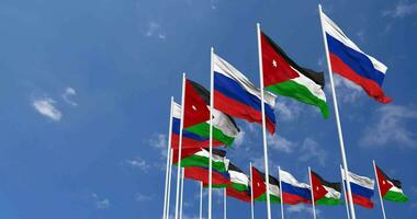 Jordânia e França bandeiras acenando juntos dentro a céu, desatado ciclo dentro vento, espaço em esquerda lado para Projeto ou Informação, 3d Renderização video