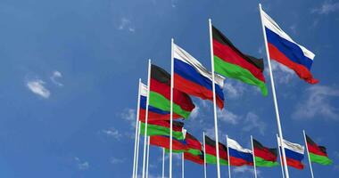 Malawi and Russia Flags Waving Together in the Sky, Seamless Loop in Wind, Space on Left Side for Design or Information, 3D Rendering video